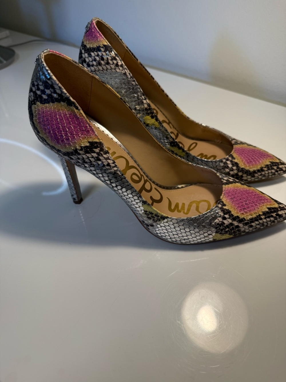 Sam Edelman Pink and Yellow Snake-Print Pointed Pumps - Picture 3 of 6